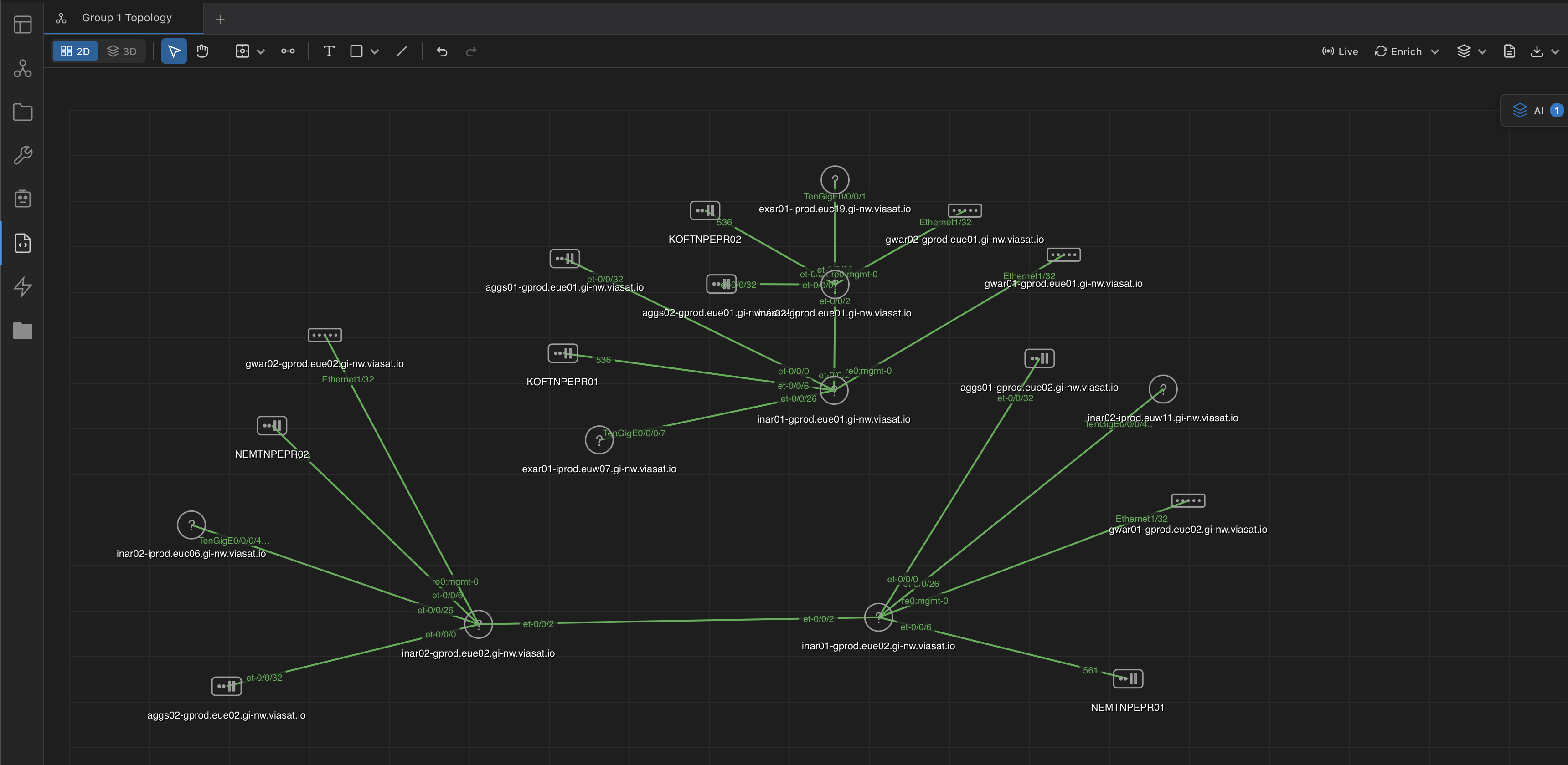 NetStacks 2D topology canvas showing network devices with live SNMP data, interface labels, and toolbar controls