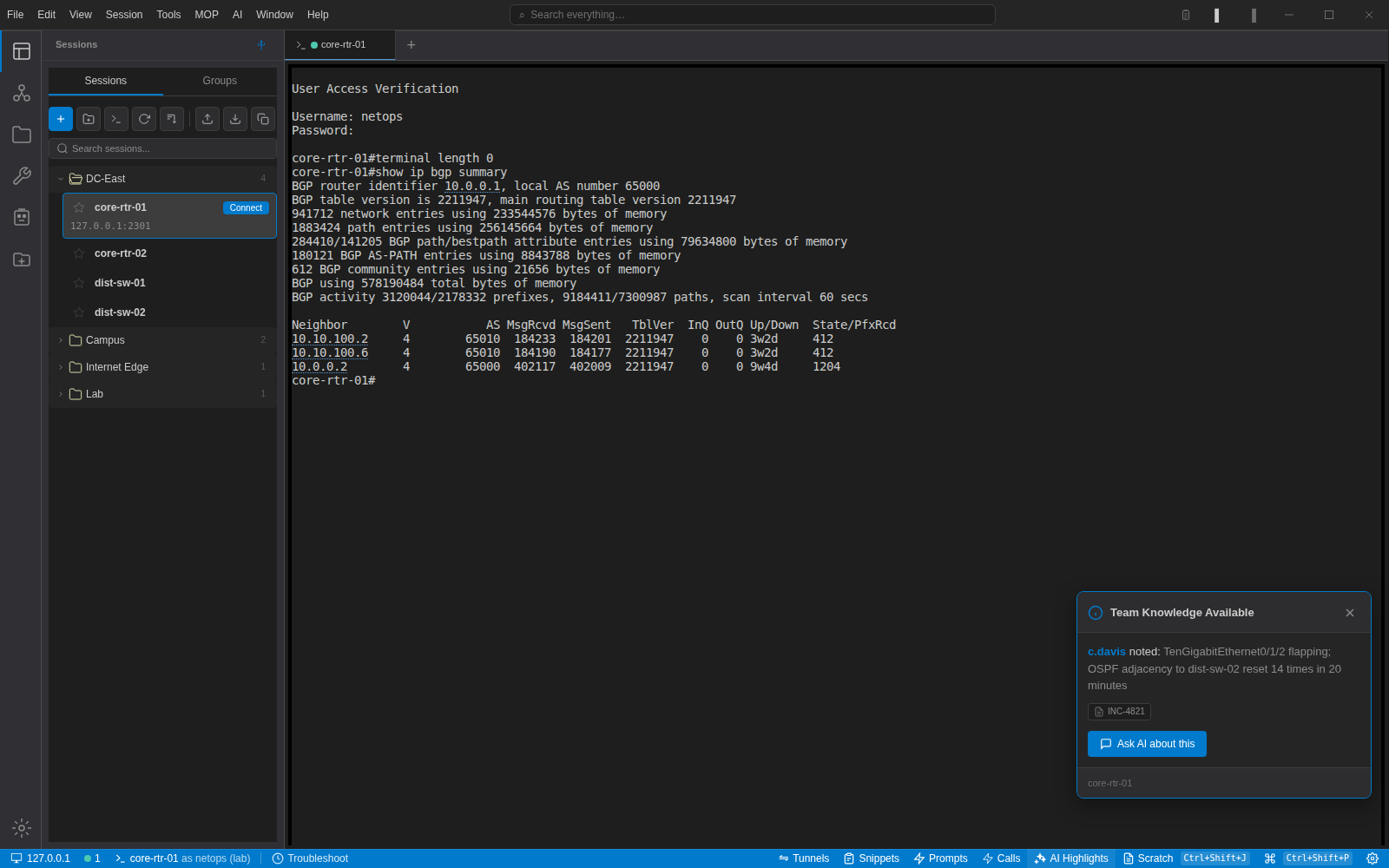 Connecting to core-rtr-01 in NetStacks shows a 'Team Knowledge Available' card citing incident INC-4821 about a flapping TenGigabitEthernet interface