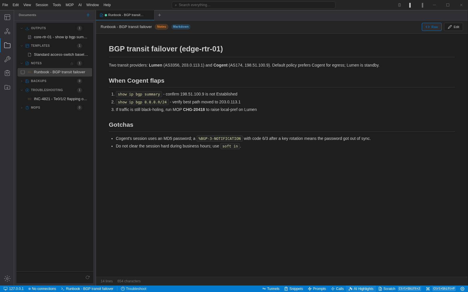 A Markdown runbook titled 'BGP transit failover' rendered inside NetStacks, with the Documents sidebar showing outputs, templates, notes and troubleshooting categories