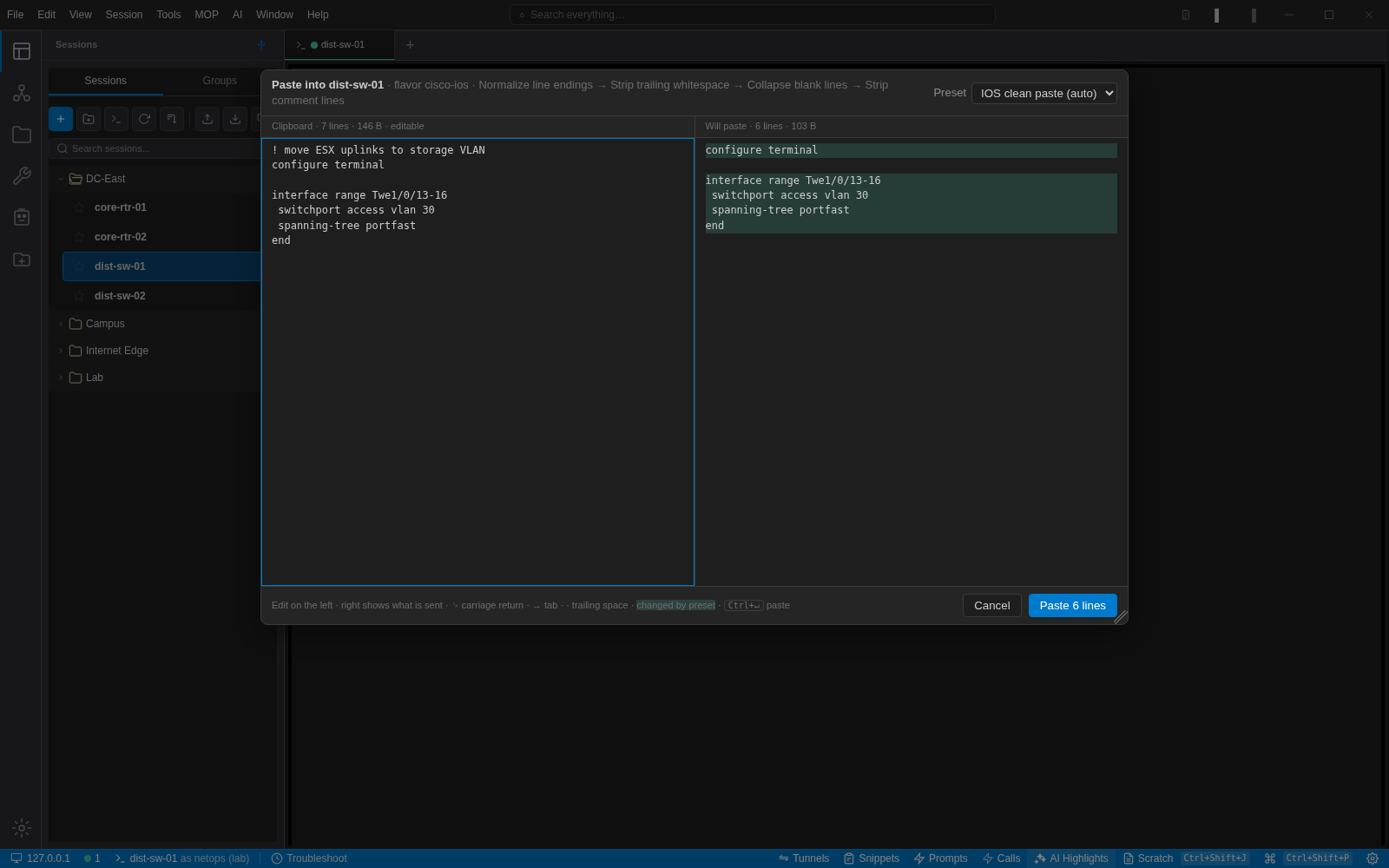 NetStacks paste dialog for dist-sw-01: clipboard text on the left, the six lines that will be pasted on the right after the IOS clean paste preset removed a comment and a blank line