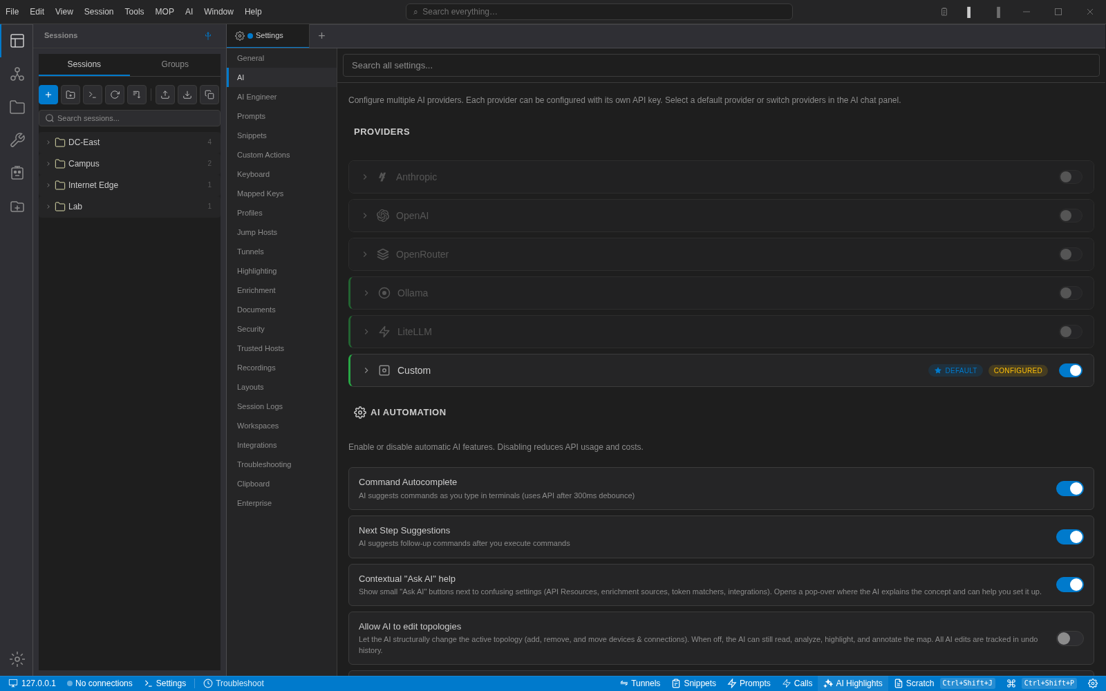 NetStacks AI settings listing Anthropic, OpenAI, OpenRouter, Ollama, LiteLLM and a configured Custom provider, with toggles for command autocomplete and next-step suggestions